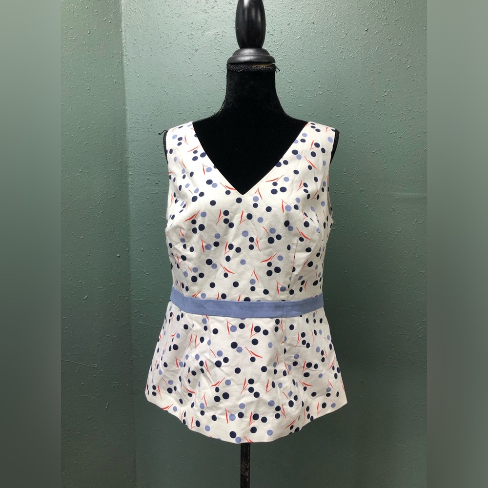 Boden White Polka Dot V-Neck Peplum Top with Blue Waistband 10